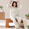 Pijama feminino 100% algodão, manga longa, calça longa, gola virada, estilo cardigã, confortável, tamanho grande, estilo primavera e outono, doce e fofo, adequado para usar como roupa externa