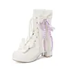 Botas Curtas Cadarço Botas Doces Princesa Doce Salto Grosso Laço Botas de Comércio Exterior Fita Sapatos Lolita Dupla Franzida