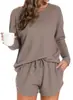 Comercio Exterior Transfronterizo Ropa de Casa para Mujeres Europeas y Americanas Color Sólido Cuello Redondo Cuatro Estaciones Ropa de Casa Casual Manga Larga con Cordón