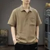 Polo de Lino y Lyocell de Alta Gama de Manga Corta para Hombre Verano 2026 Delgado Transpirable Camisa de Cuello Camisa Polo Retro