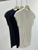 Camiseta de Punto de Manga Corta con Cuello en V Estilo Francés para Mujer Verano Elegante Ajustada Hombro Tejido Fino Top Transfronterizo