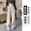 Calça feminina de lã espinha de peixe de perna larga, estilo primavera/outono/inverno, calça reta slim-fit, de alta qualidade, forrada com fleece, calça social casual