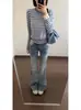 Jeans de Campana de Tiro Bajo Estilo Retro Americano para Mujer, Diseño Veraniego Petite, Corte Ajustado, Pantalones Bootcut de Longitud Completa