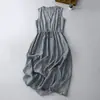Ropa de Commuting para Mujer: Vestido sin mangas de algodón y lino estilo artístico, Nuevo vestido largo a rayas transpirable minimalista de verano, Vestido tipo tank top