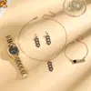 Conjunto de quatro peças de relógio e joias femininas estilo luxo, relógio de quartzo em liga de ouro com colar, brincos e pulseira