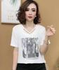 2024 Verão Nova Moda V-Neck Carta Impresso Manga Curta T-Shirt Feminino All-Match Slimming Trendy Top Base Camisa