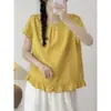 Camiseta de color liso con diseño de volantes, top versátil de algodón y lino de corte holgado y manga corta para mujer, amarillo verano y azul lino natural