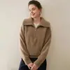 Suéter de Cachemira 100% con Cuello Polo y Media Cremallera para Mujer, Holgado, Grueso, Ropa de Lana, Jersey, Manga Raglán, Tejido, Capa Base Superior