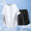 Nuevo Conjunto Casual para Hombre Cuello Redondo Estampado Lavado con Tinta Manga Corta con Shorts Sueltos Verano Sensación de Hielo Conjunto Deportivo