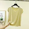 Nueva camiseta fina de verano para mujer con cuello en V y manga corta de seda ecológica, adecuada para usar en capas, estiliza la figura y se puede usar como prenda exterior con diseño de hombro normal