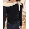 Tejido de Punto Camiseta Lavada de Lana para Mujer, Diseño de Principios de Otoño, Camiseta Básica Ajustada de Estilo Francés de Nicho, Hombros Descubiertos Hecho en Fábrica