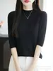 Nuevo top de punto de manga tres cuartos con estampado de espina de pez y cuello semi-alto para mujer, camiseta de jacquard de sarga de manga corta, top de corte holgado