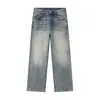 Muqiu Moda Masculina 2026 Outono Novo Jeans de Sarja Lavada Cleanfit para Homens, Tamanho Grande, Calça Comprida com Efeito Arranhado Olho de Gato