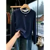 Camiseta de manga larga de algodón puro con bloques de color, cuello redondo, de estilo falso dos piezas, para mujer, moderna y versátil, top adelgazante para figuras ligeramente rellenas, capa base de otoño