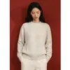 Suéter de Tricô Cream White com Gola Redonda e Manga Longa En*Dingdan para Mulheres, Estilo Outono/Inverno 2026, Caimento Solto, Top Casual Emagrecedor
