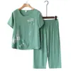 Pijama de Duas Peças de Algodão e Linho com Gola Redonda e Manga Curta para Primavera e Verão para Mulheres de Meia-Idade e Idosas, Mães e Sogras, Roupa de Casa Estampada que Pode Ser Usada Fora