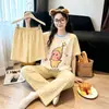 Pijama Infantil para Meninas, Conjunto de Três Peças de Algodão Imitado para o Verão, Peças Finas com Gola Redonda e Manga Curta, Calça Longa, Conjunto de Roupa para Casa para Meninas Mais Velhas