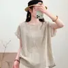 2026 Verano Nuevo Algodón Lino Patchwork Encaje Bordado Ribete de Encaje Suéter Camisa Transpirable Artístico Manga Corta Encaje