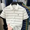 Camisa Polo de Manga Corta para Hombre de Verano, Elegante Casual de Negocios, Cuello Campana, Camiseta Fina Versátil, Camisa Básica Rayada de Alta Gama
