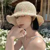 Sombrero de Paja con Flores para Mujer de Ala Ancha Verano Vacaciones en la Playa Muestra la Cara Pequeño Plegable Parasol Protector Solar