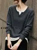 Suéter de punto casual para mujer, estilo dos piezas falsas, cuello en V, corte holgado, adelgazante, rejuvenecedor, jersey casual, top elegante de otoño