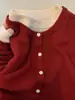[Em Estoque] Casaco Suéter Vermelho de Luxo para o Ano Novo para Mulheres, Outono e Inverno Preguiçoso Caimento Solto Versátil Suéter de Tricô Falso Duas Peças