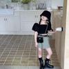 Conjunto para Meninas com Top Curto de Manga Bufante e Saia, Inclui Shorts de Segurança, Novo Estilo Verão 2026, Roupa Infantil para Comércio Exterior