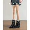 2026 Botines Jeans Nuevo Retro Hebilla de Cinturón para Pierna de Pantalón Elevadores Punta Cuadrada Colorblock Occidental Botas de Caballero Tacón Grueso Mujer