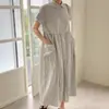 Vestido Listrado Solto com Bolsos de Verão Chic Coreano