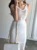 Moda de Celebridade da Internet Vestido Tricotado Estilo Western Engrossado Verão 2023 Novo Conjunto Elegante de Duas Peças Feminino com Cintura Alta Emagrecedor