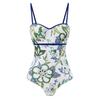 Traje de baño de una pieza para mujer, nuevo estilo europeo y americano 2025, ajustado, estampado retro, con varillas, copa rígida, falda larga, sexy