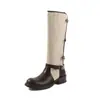 Botas de Cavaleiro de Tecido Emendado de Couro Femininas Botas Altas Polidas Couro Genuíno Bico Redondo Fivela Botas Acima do Joelho Botas Altas Femininas