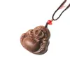 Talla en Madera de Madera de Águila del Buda Sonriente con Barriga Grande, Colgante de Cuello, Talla Sólida en Madera de Monje Buda Sonriente, Adorno Artesanal Coleccionable