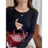 Camisa Base com Babados e Gola Redonda para Mulheres, Novo Estilo Primavera e Outono 2025, Suéter de Alta Qualidade, Blusa Fashion de Manga Longa