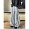Calças casuais masculinas de peso pesado, perna larga estilo americano, calças esportivas de 380G para adolescentes, marca da moda high street, plissadas, outono, corte curvo