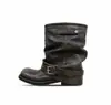Bota Elegante con Suela Gruesa que Aumenta la Altura Interior y Amplia Circunferencia de Pantorrilla, Color Desgastado, Botines Vaqueros Plisados para Mujer, Botas de Montura Retro