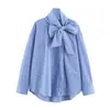 Comercio Exterior 2026 Primavera Nueva Moda Femenina Estilo Europeo y Americano Casual Holgada Cuello Alto Camisa Rayada Decorada con Lazo