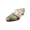 Sandalias de cuero de vaca de capa superior + piel de oveja, punta cerrada, sin talón, para mujer, zapatos de tacón medio, nuevo estilo de verano, sandalias de tira en T caladas con bloques de color