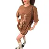 Camiseta Estampada de Manga Corta de Diseño Retro Americano de Nicho para Mujer, Versión Amplia Holgada, Nuevo Top Chic de Verano en Color Café