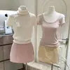 Falda Corta plisada texturizada amarilla y rosa para mujer, Falda A-line dulce para figuras petite