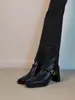 Botas Finas de Salto Bloco com Bico Quadrado de Salto Alto para Mulheres 2026 Novo Estilo Outono e Inverno com Forro de Lã Moda Francesa Botas Curtas Elásticas Botas da Moda