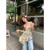 Verano Fresco y Dulce Reductor de Edad Diseño Floral Sin Tirantes de Tirante Cruzado para Mujer Único Chic Dobladillo Irregular Cintura Ceñida Top