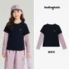 Nova Estilo Primavera 2026 Camiseta Infantil Falsa Duas Peças Pudim Haru Camiseta de Manga Longa para Meninas com Punhos Listrados