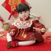 Vestido Nuevo de Otoño para Bebé Niña de Un Año Rojo Festivo Estilo Chino Vestido para Fiesta de Cumpleaños Estilo Chino Vestido para Fiesta de Cumpleaños de Un Año Vestido con Corona para Fiesta
