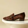 Zapatos de Moda Loafers de Velour Mate Súper Suave para Primavera/Otoño 2026 con Hebilla Cuadrada Punta Cuadrada Tacón Bajo Grueso Slip-on Estilo Perezoso