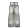 G60012 Rua Principal Estilo Americano Unissex Tendência Lavado Padrão Bigode de Gato Raio Jeans Largo Solto Masculino