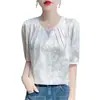 Camisa de seda de manga corta de lujo satinado, top tipo camiseta de corte holgado, directamente del fabricante
