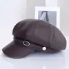 Chapéu Octogonal de Couro PU Retrô Europeu e Americano Moda Outono e Inverno Feminina Versátil Boina Elegante Bico de Pato Atacado