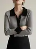 Ss Studio Jersey de Punto de Lana Gris Contrastante para Mujer Otoño e Invierno Manga Larga Camisa Base Top