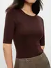 Lavável à máquinaFina malha 60 fios 18 pontos sem costura 100% lã gola redonda manga média camiseta base de tricô para mulheres, Outono 2026